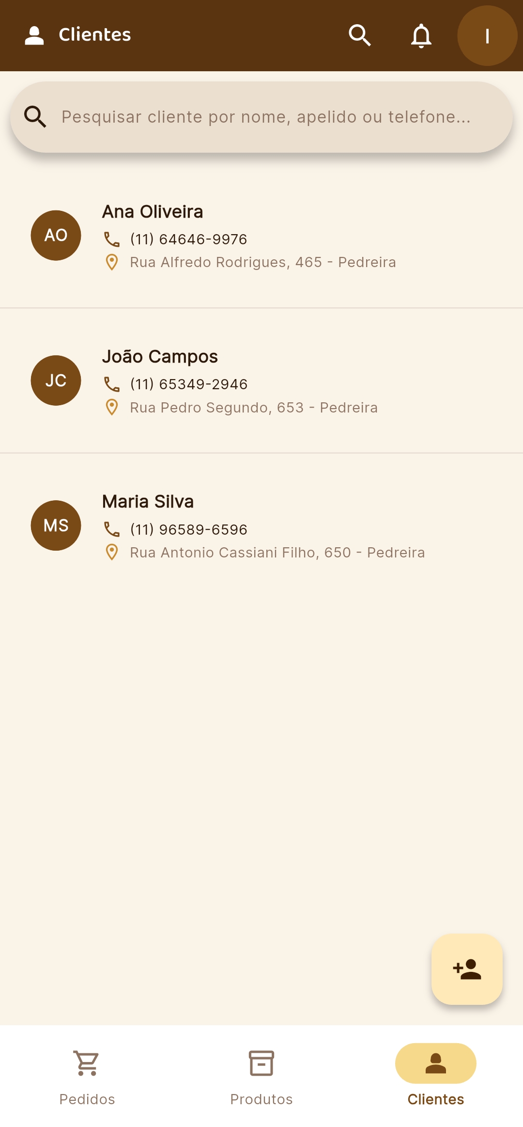 Tela de Clientes