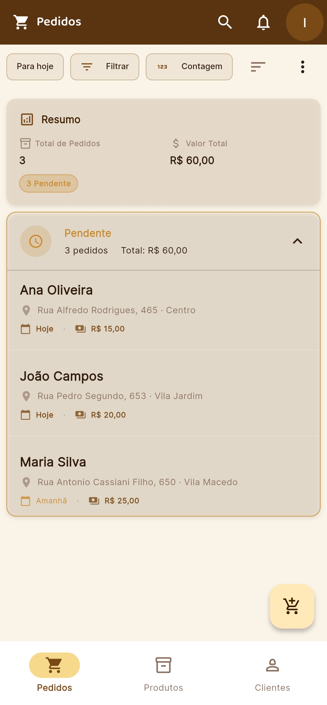 Tela de Pedidos